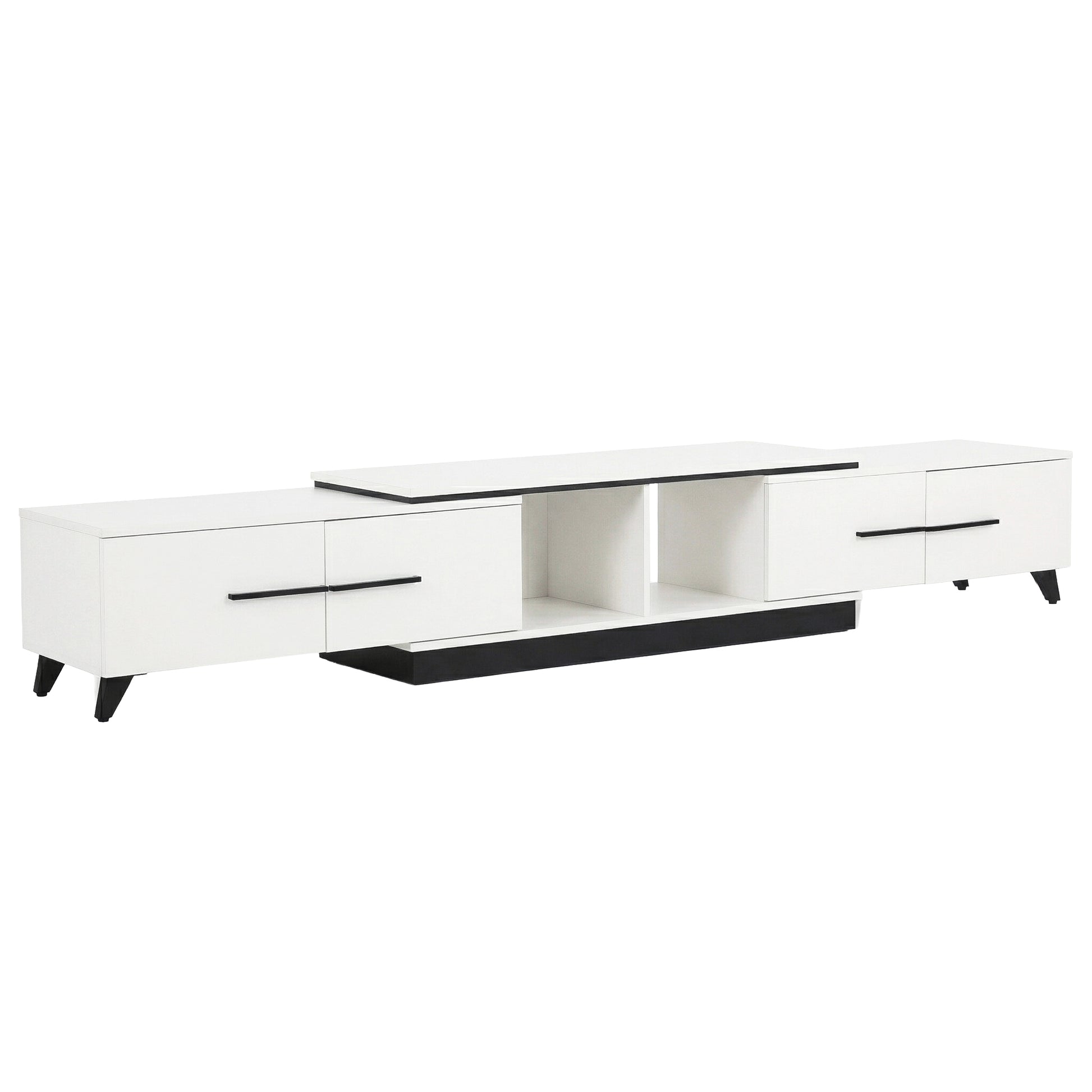 White extendable TV unit extended to 260cm showing 4 drawers and open shelf center on black base on white background