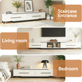 White extendable TV unit three room placement scenes showing staircase entrance living room and bedroom settings