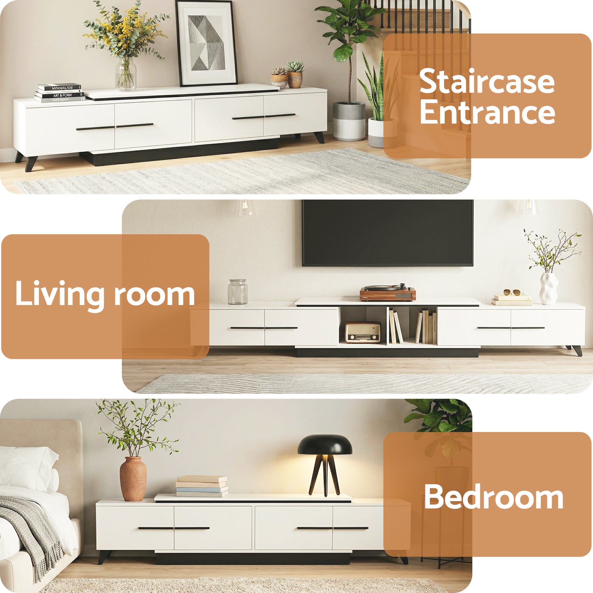 White extendable TV unit three room placement scenes showing staircase entrance living room and bedroom settings