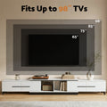 White extendable TV unit fits up to 98 inch TVs infographic showing 65 75 85 and 98 inch size comparisons