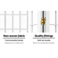 White fabric grid room divider feature close-ups non-woven fabric panel texture and gold two-way hinge on white frame