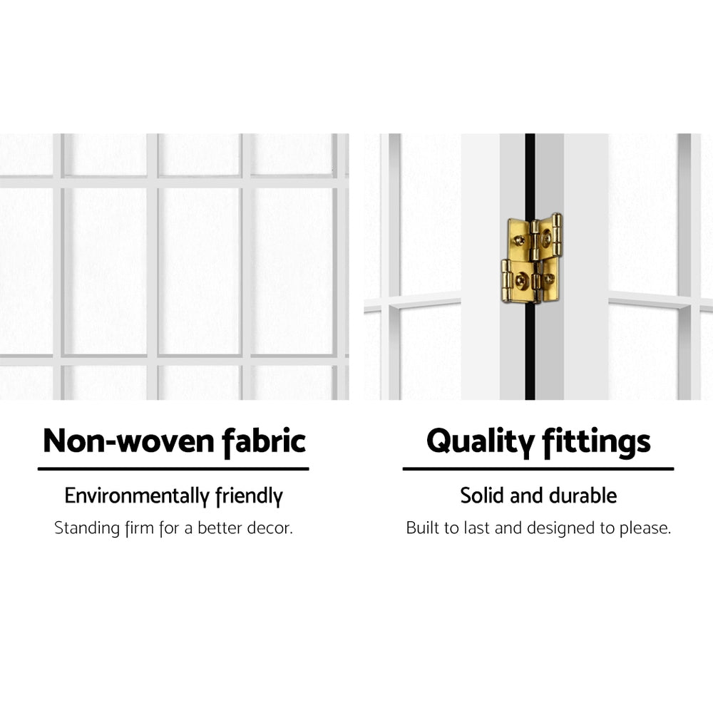 White fabric grid room divider feature close-ups non-woven fabric panel texture and gold two-way hinge on white frame