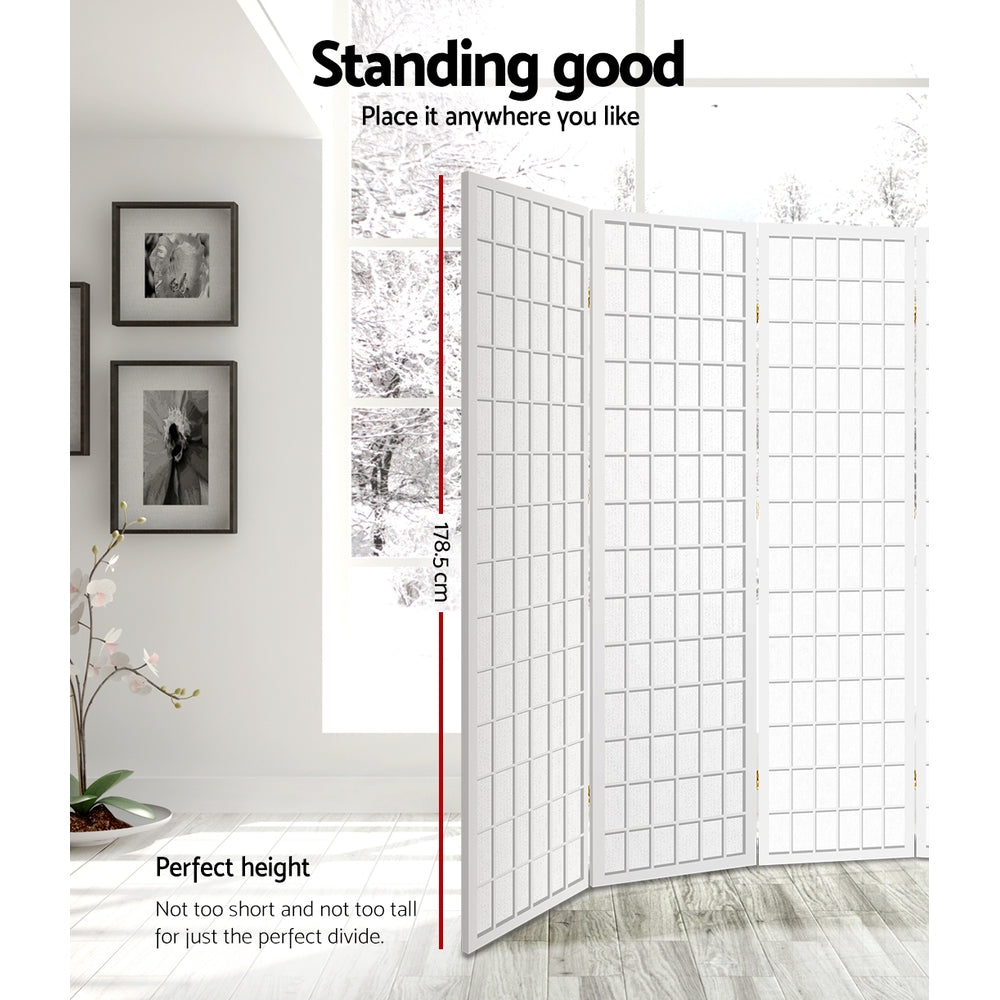 White fabric grid room divider 178.5cm height infographic in lifestyle room with framed wall photos and orchid plant