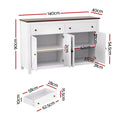 Dimensions diagram of white farmhouse sideboard: 140cm wide, 90cm tall, 40cm deep, interior shelf 62cm wide, drawer 62.5cm