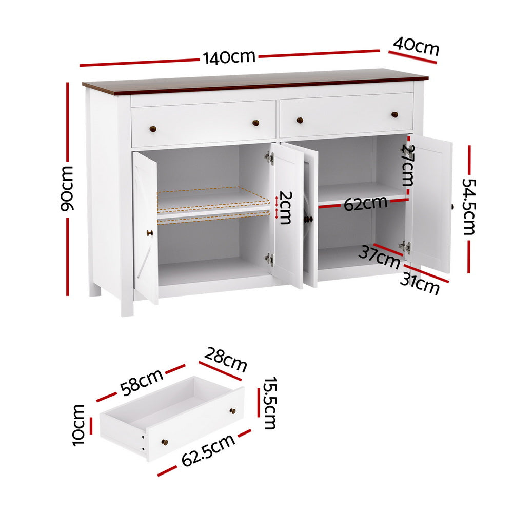 Dimensions diagram of white farmhouse sideboard: 140cm wide, 90cm tall, 40cm deep, interior shelf 62cm wide, drawer 62.5cm