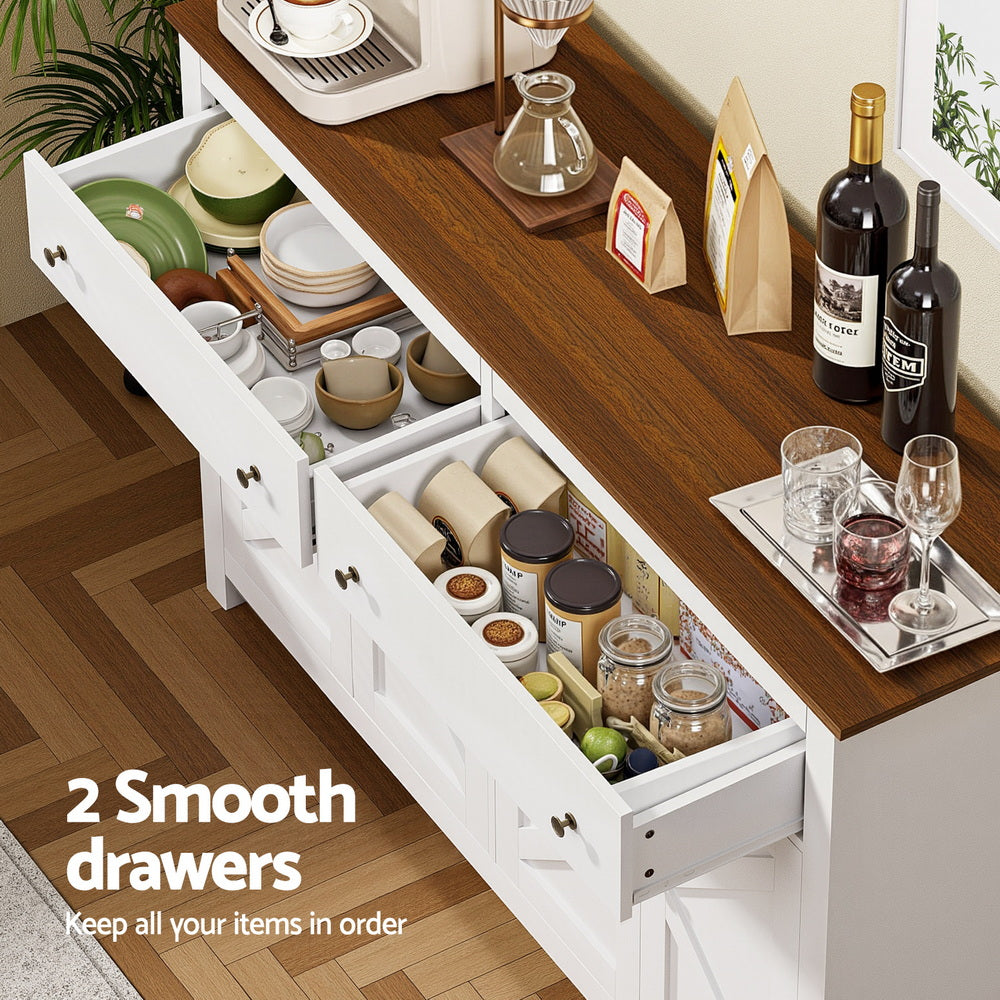 Top-down view of two open white sideboard drawers showing dishes and pantry jars, text reads 2 Smooth drawers
