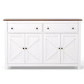 White farmhouse sideboard front view, walnut top, two drawers and four X-cross panel doors with bronze knobs