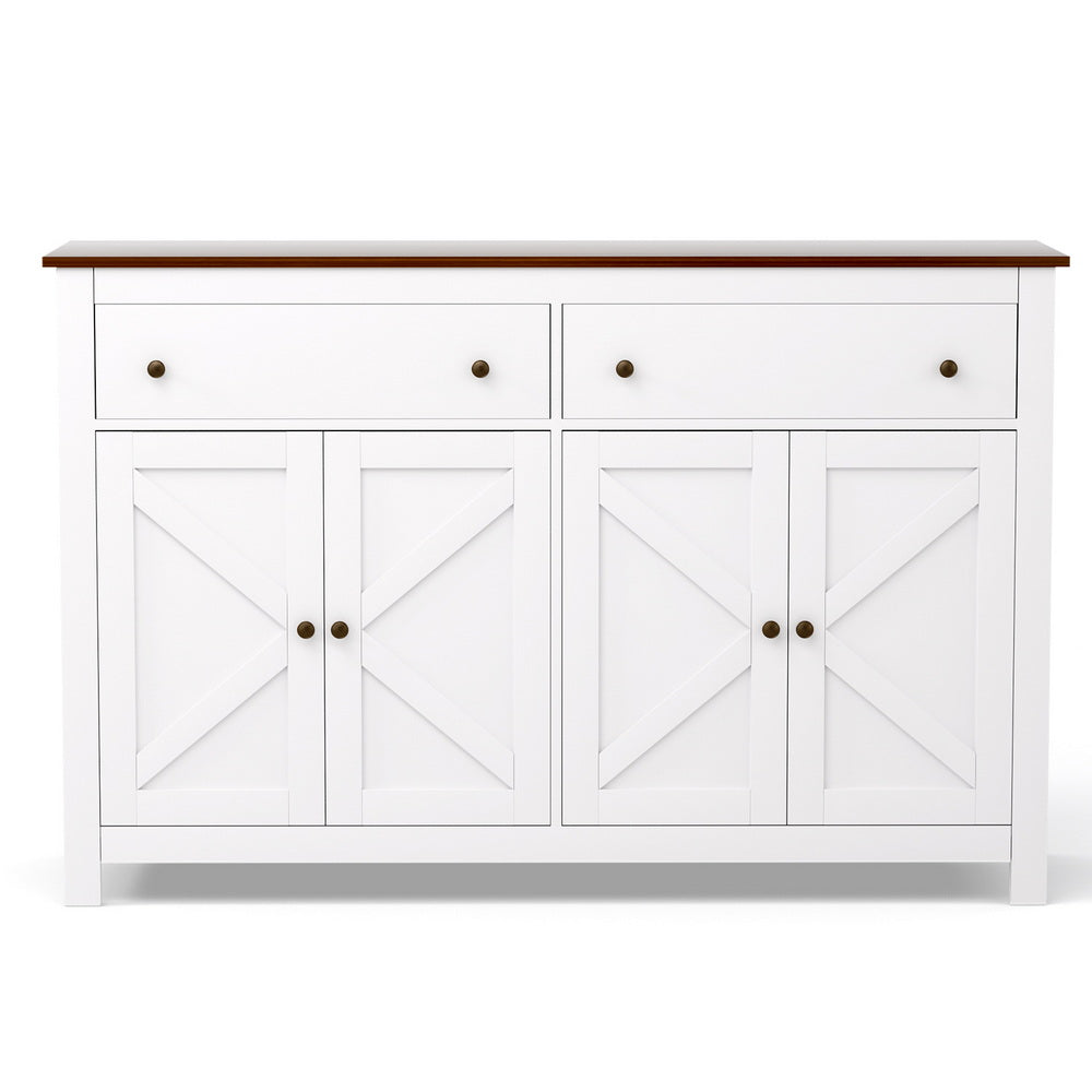 White farmhouse sideboard front view, walnut top, two drawers and four X-cross panel doors with bronze knobs