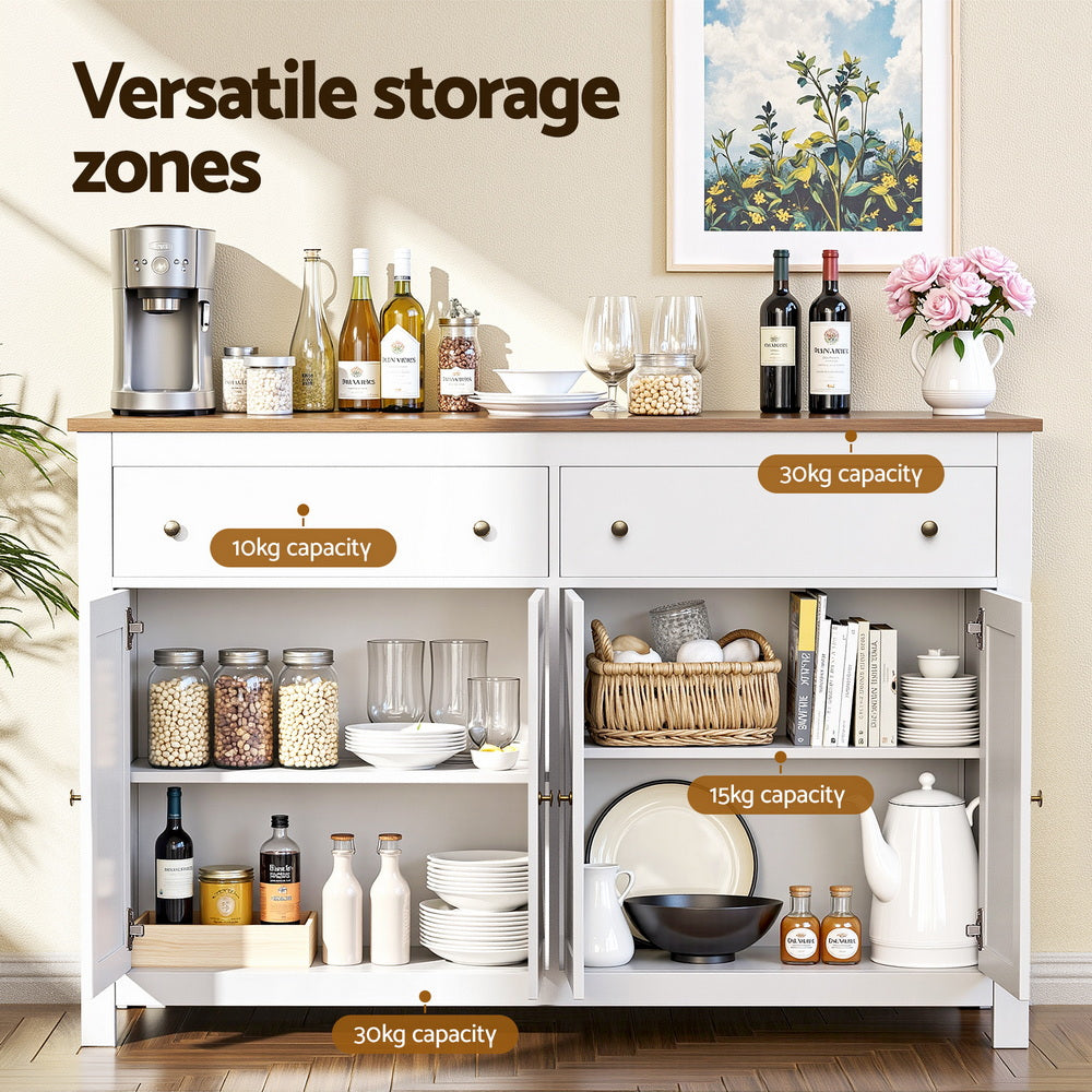 Open white farmhouse sideboard in room with wine bottles and coffee machine on top, capacity labels 10kg, 15kg and 30kg zones