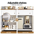 Two-panel showing adjustable shelf in white sideboard, left with pantry items, right with shelf removed for large appliances