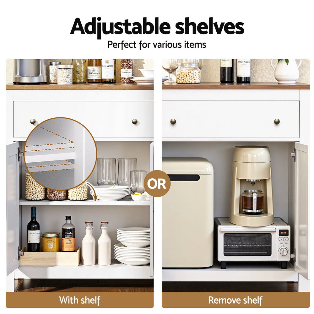 Two-panel showing adjustable shelf in white sideboard, left with pantry items, right with shelf removed for large appliances