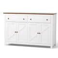 White farmhouse sideboard with walnut top, two drawers and four X-cross panel doors, angled on white background