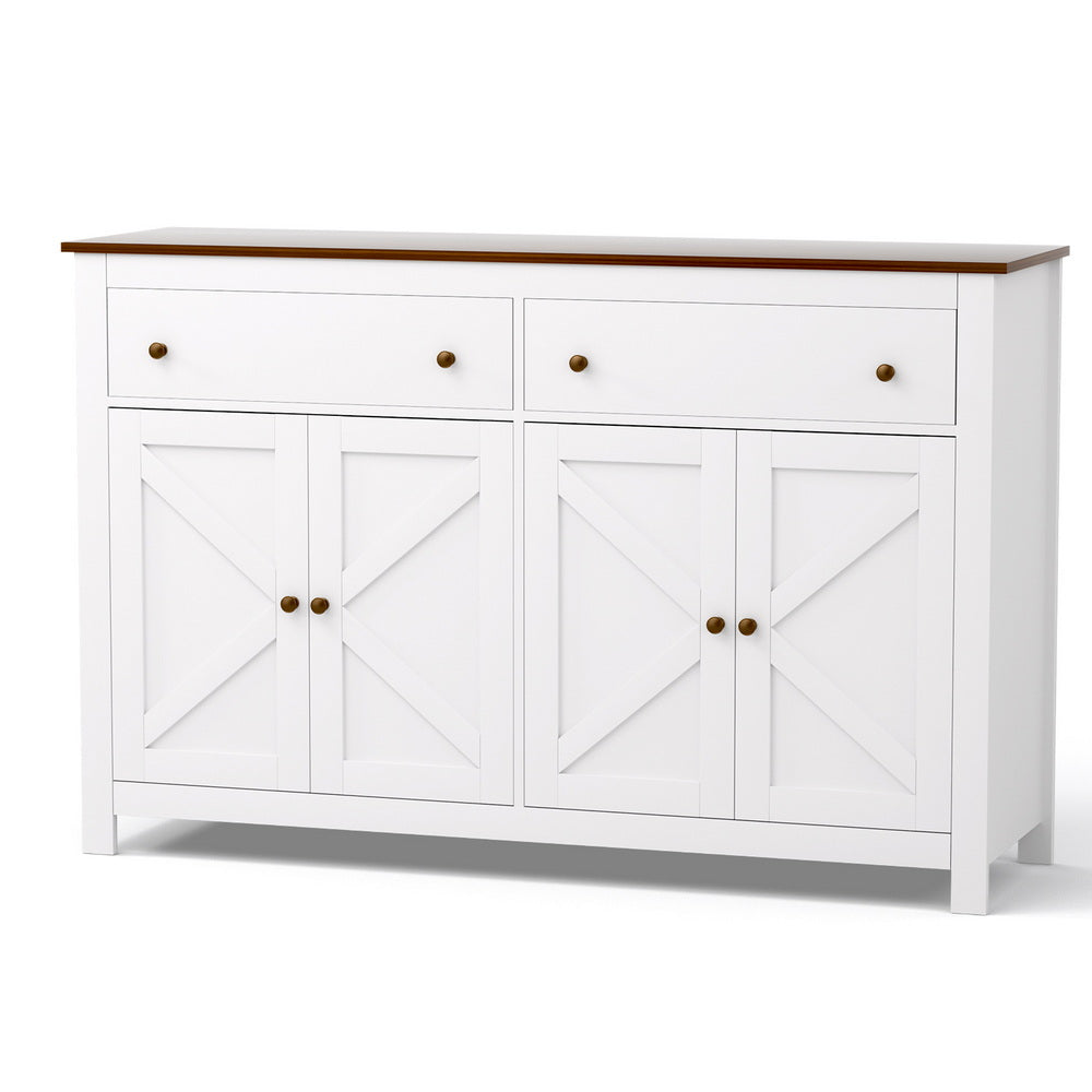 White farmhouse sideboard with walnut top, two drawers and four X-cross panel doors, angled on white background