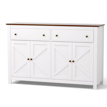 White farmhouse sideboard with walnut top, two drawers and four X-cross panel doors, angled on white background