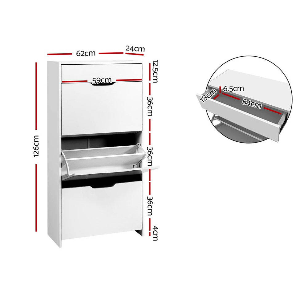 Dimensions diagram: white flip shoe cabinet 62cm wide, 24cm deep, 126cm tall, three 36cm flip sections
