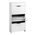 White 3-door flip shoe cabinet with middle door flipped open showing interior shelf compartment and mechanism