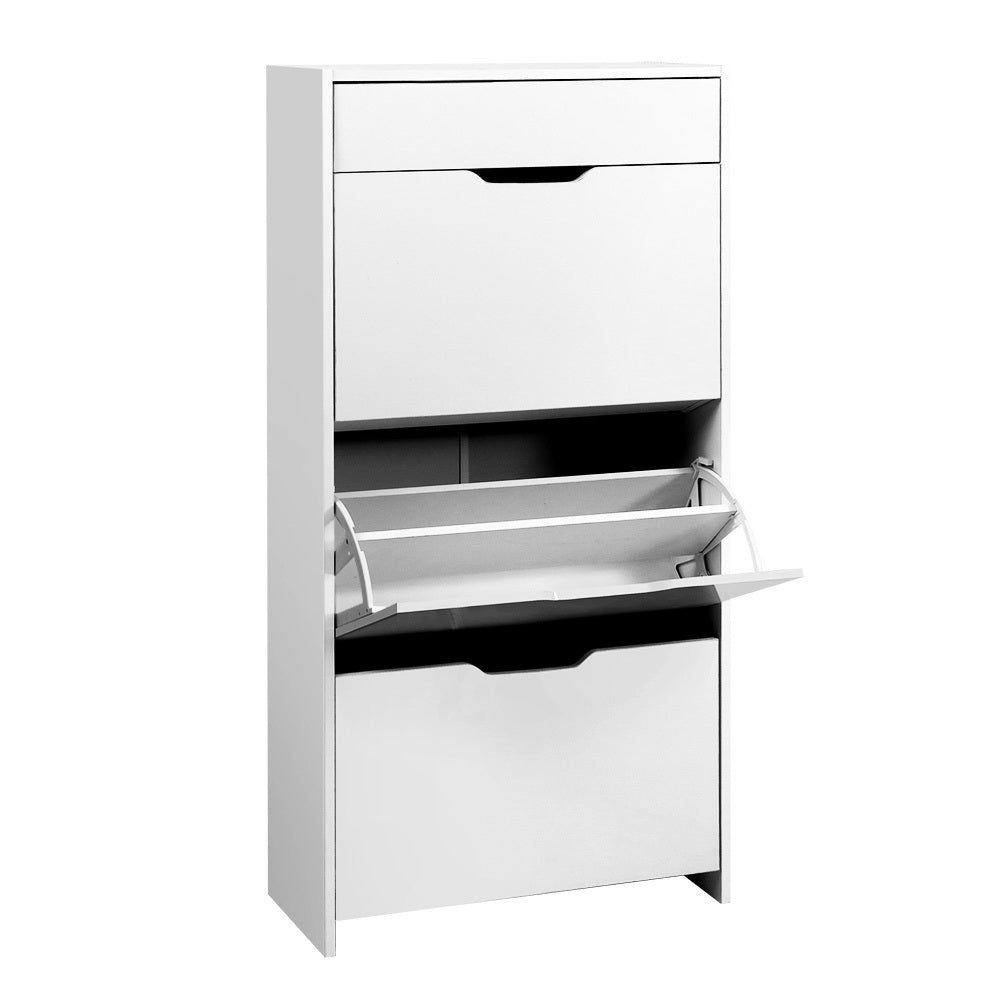 White 3-door flip shoe cabinet with middle door flipped open showing interior shelf compartment and mechanism