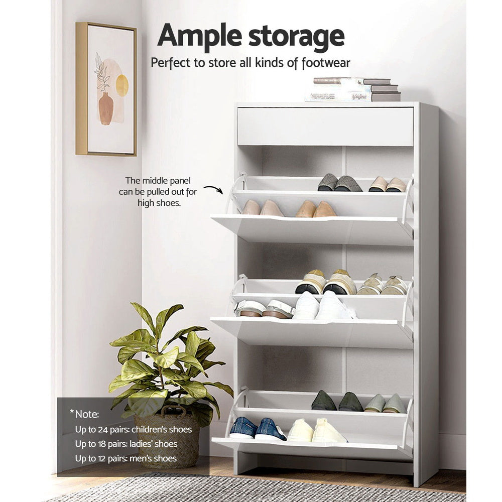 White 3-door flip shoe cabinet all doors open showing ample storage, up to 24 pairs text visible