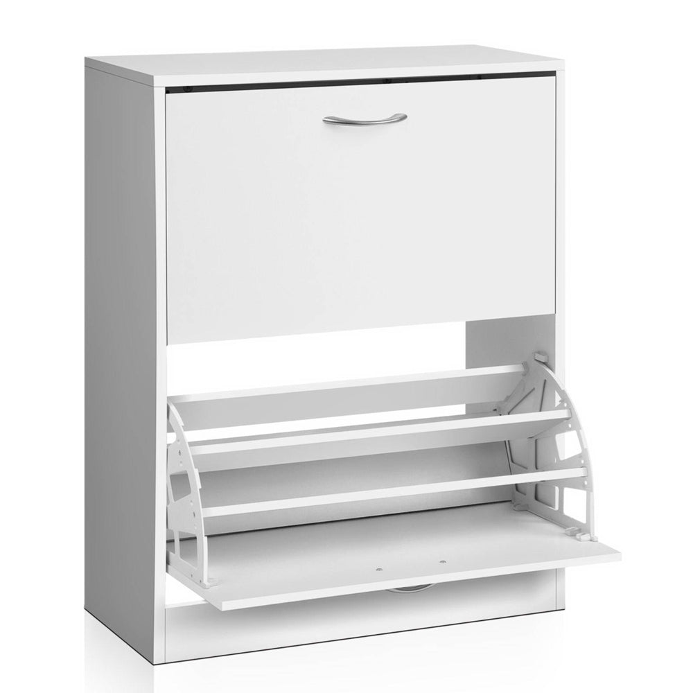 White flip-down shoe cabinet angle view with lower compartment open showing slatted shelf mechanism