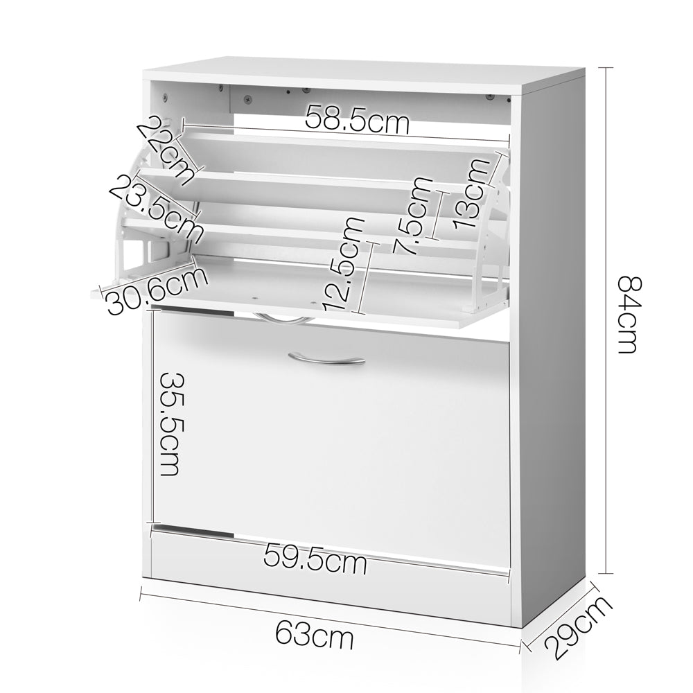 White flip-down shoe cabinet dimension diagram 84cm height 63cm width 29cm depth