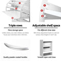 White flip-down shoe cabinet features infographic showing triple rows adjustable shelf and handles