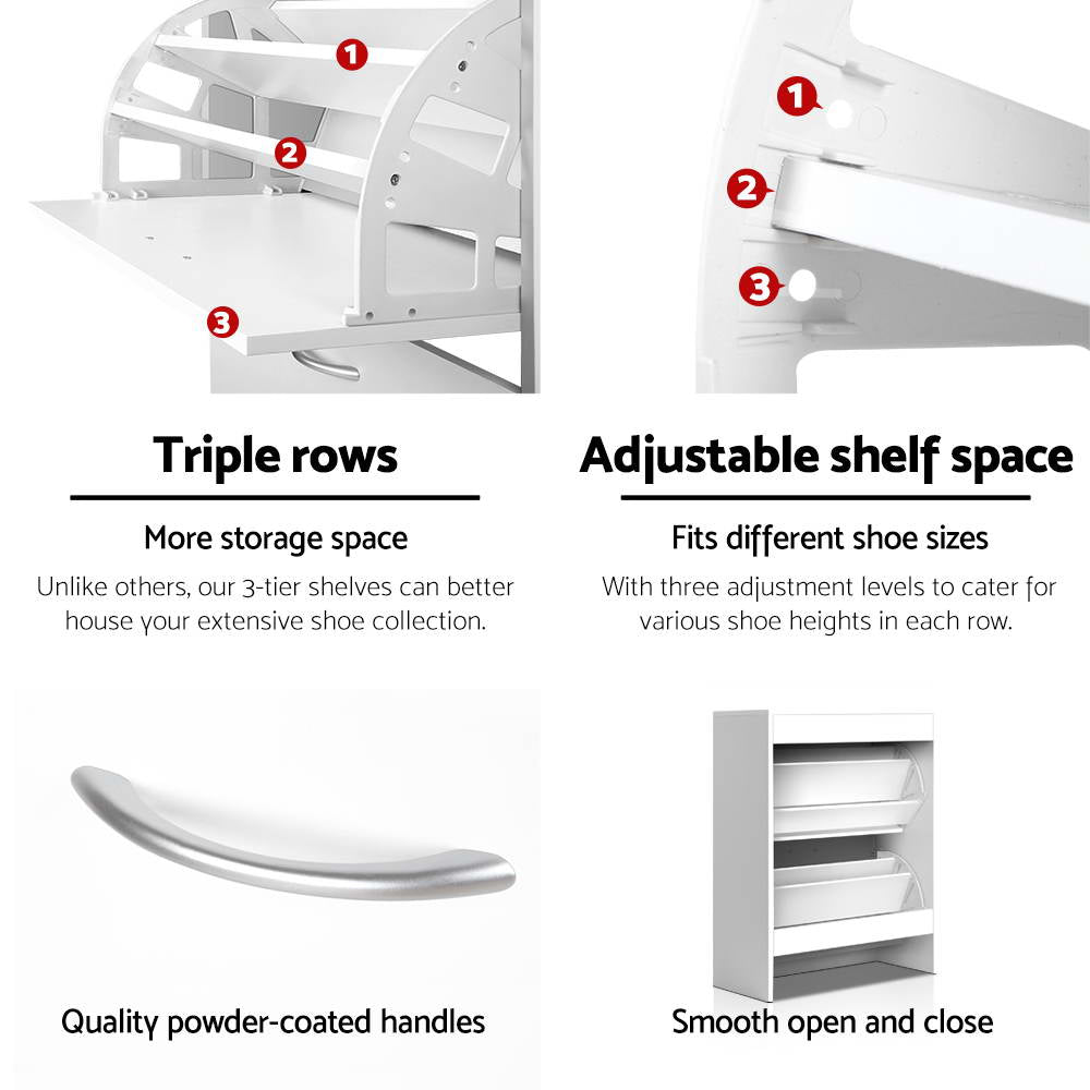 White flip-down shoe cabinet features infographic showing triple rows adjustable shelf and handles