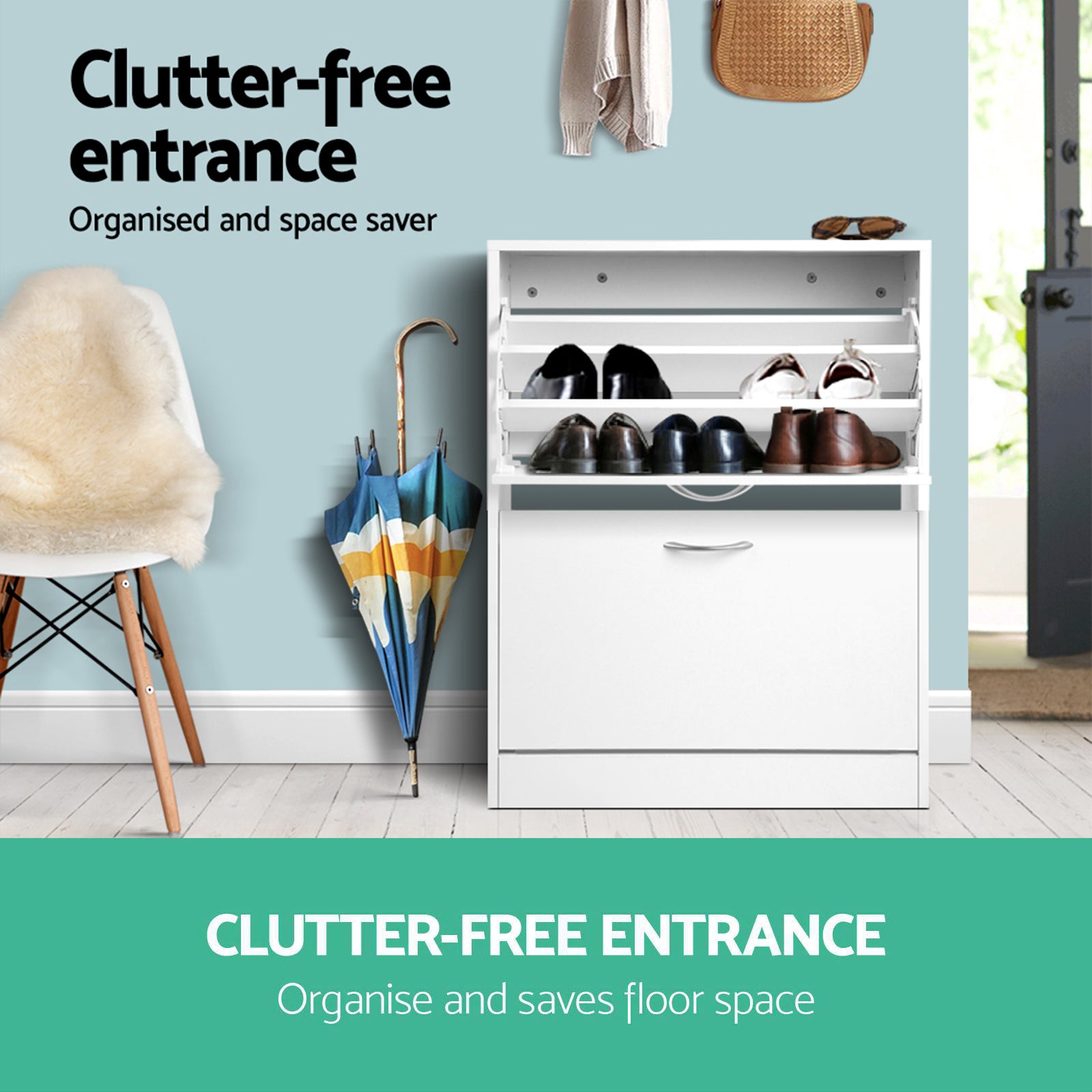 White flip-down shoe cabinet in hallway with top door open showing stored shoes clutter-free entrance text