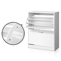 White flip-down shoe cabinet lower door open with wall bracket anti-tip hardware callout circle