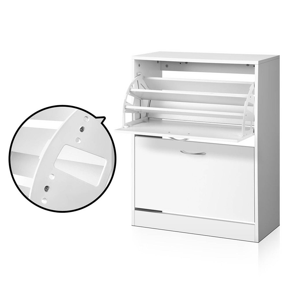 White flip-down shoe cabinet lower door open with wall bracket anti-tip hardware callout circle