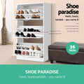 All 3 doors of white flip shoe cabinet open and loaded with shoes, shoe paradise 36 pairs text