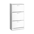 White 3-door flip shoe cabinet all doors closed, side angle view on white background