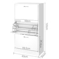 Dimensions diagram: white 3-door flip cabinet 63cm wide, 120cm tall, 30cm deep, 35.6cm panel height