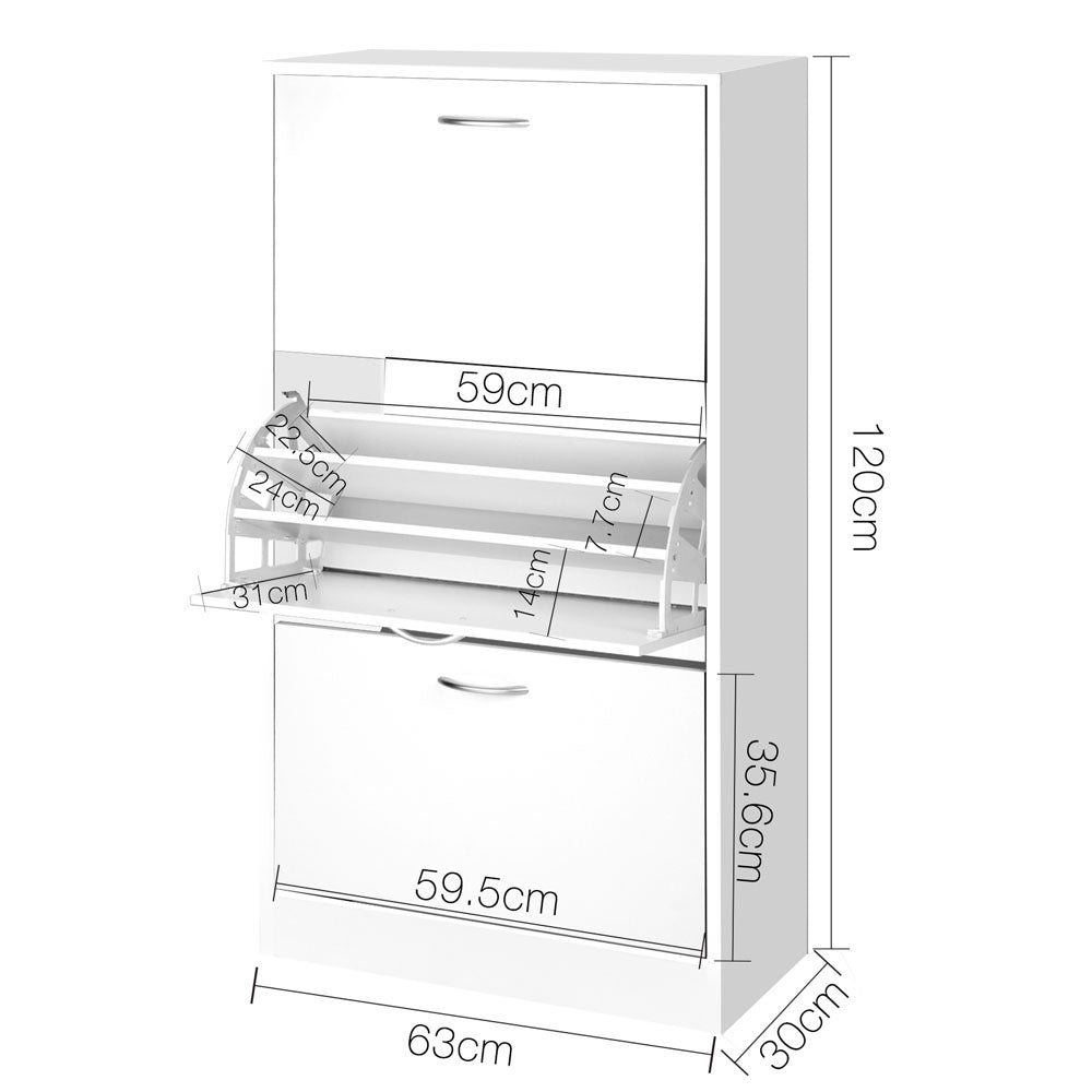 Dimensions diagram: white 3-door flip cabinet 63cm wide, 120cm tall, 30cm deep, 35.6cm panel height