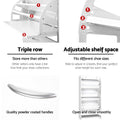 Feature panel: triple-row shoe storage, adjustable shelves, powder-coated handles, smooth open action