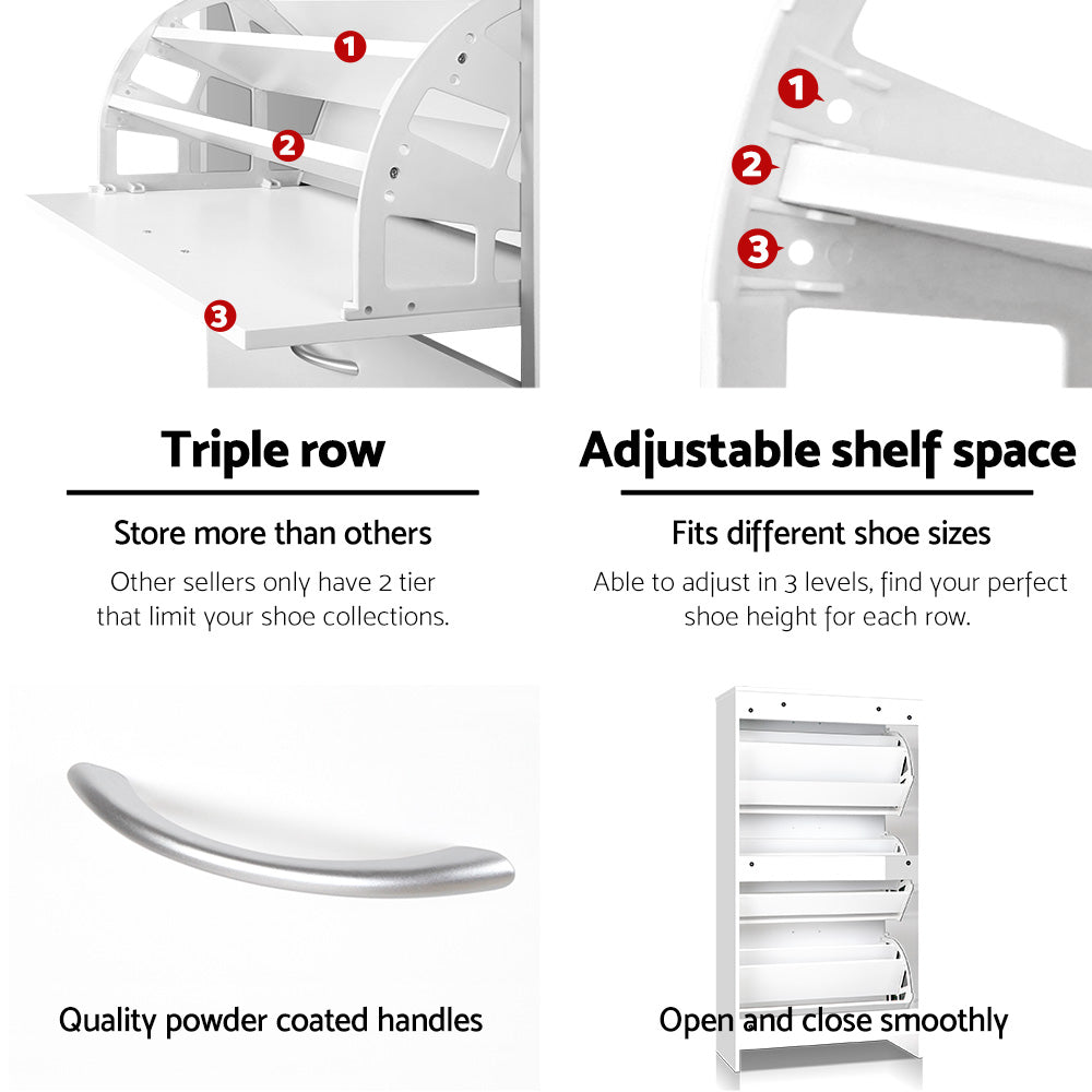 Feature panel: triple-row shoe storage, adjustable shelves, powder-coated handles, smooth open action