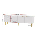 White fluted TV unit dimensions diagram 180cm wide 40cm deep 60cm tall with 18cm gold metal legs