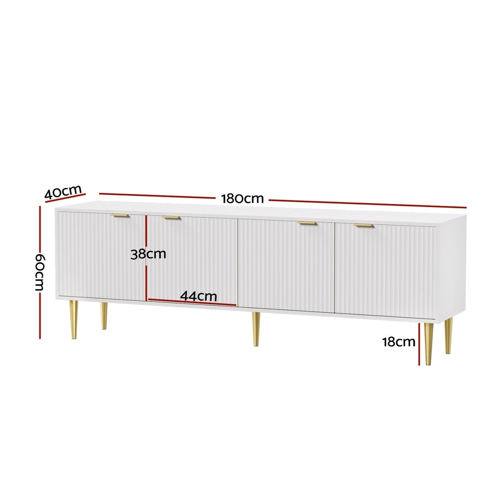 White fluted TV unit dimensions diagram 180cm wide 40cm deep 60cm tall with 18cm gold metal legs