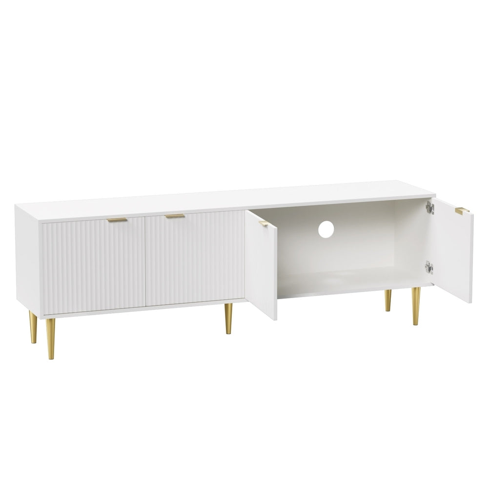 White TV unit front view right cabinet door pair open showing interior with round cable hole and silver hinges