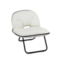 White padded foldable saucer chair with tufted cushion and black metal sled frame, angle view on white background