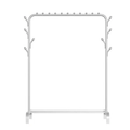 White steel single-rail garment rack with branch hooks and bottom shelf empty on white background