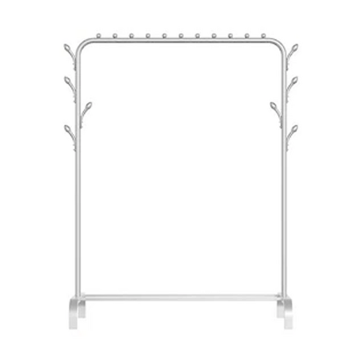 White steel single-rail garment rack with branch hooks and bottom shelf empty on white background