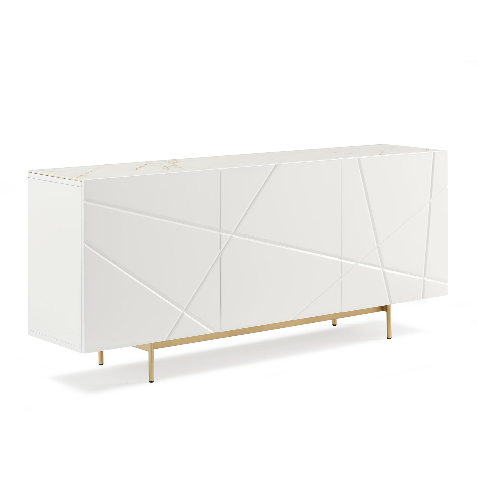 White gloss buffet angled view on white background, marble-effect top, three geometric line doors on gold metal base frame
