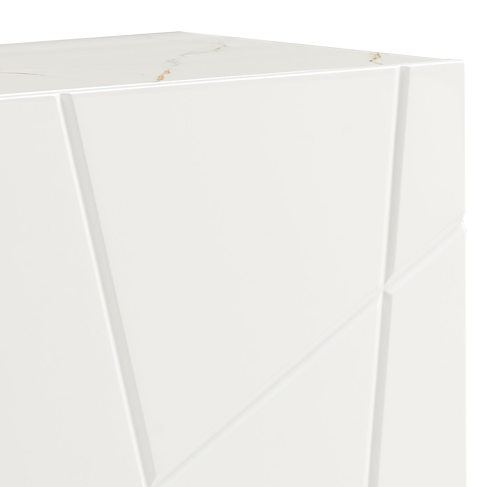 Close-up of white geometric buffet top-left corner showing marble-effect top with gold veining and diagonal line door pattern