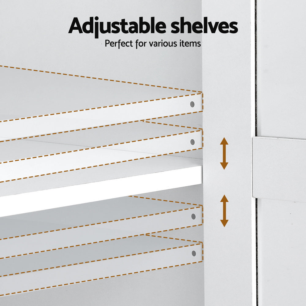 Interior close-up of white display cabinet showing adjustable shelf pin positions and arrows, text reads Adjustable shelves