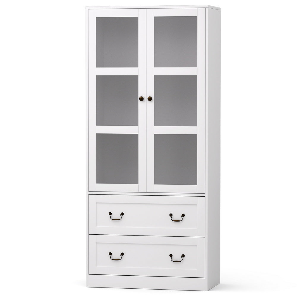 White tall display cabinet with frosted glass upper doors and two drawers with bail handles, angled on white background