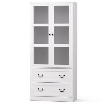 White tall display cabinet with frosted glass upper doors and two drawers with bail handles, angled on white background