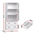 Dimensions diagram of white glass display cabinet: 180cm tall, 80cm wide, 40cm deep, interior shelves 38cm and 36cm