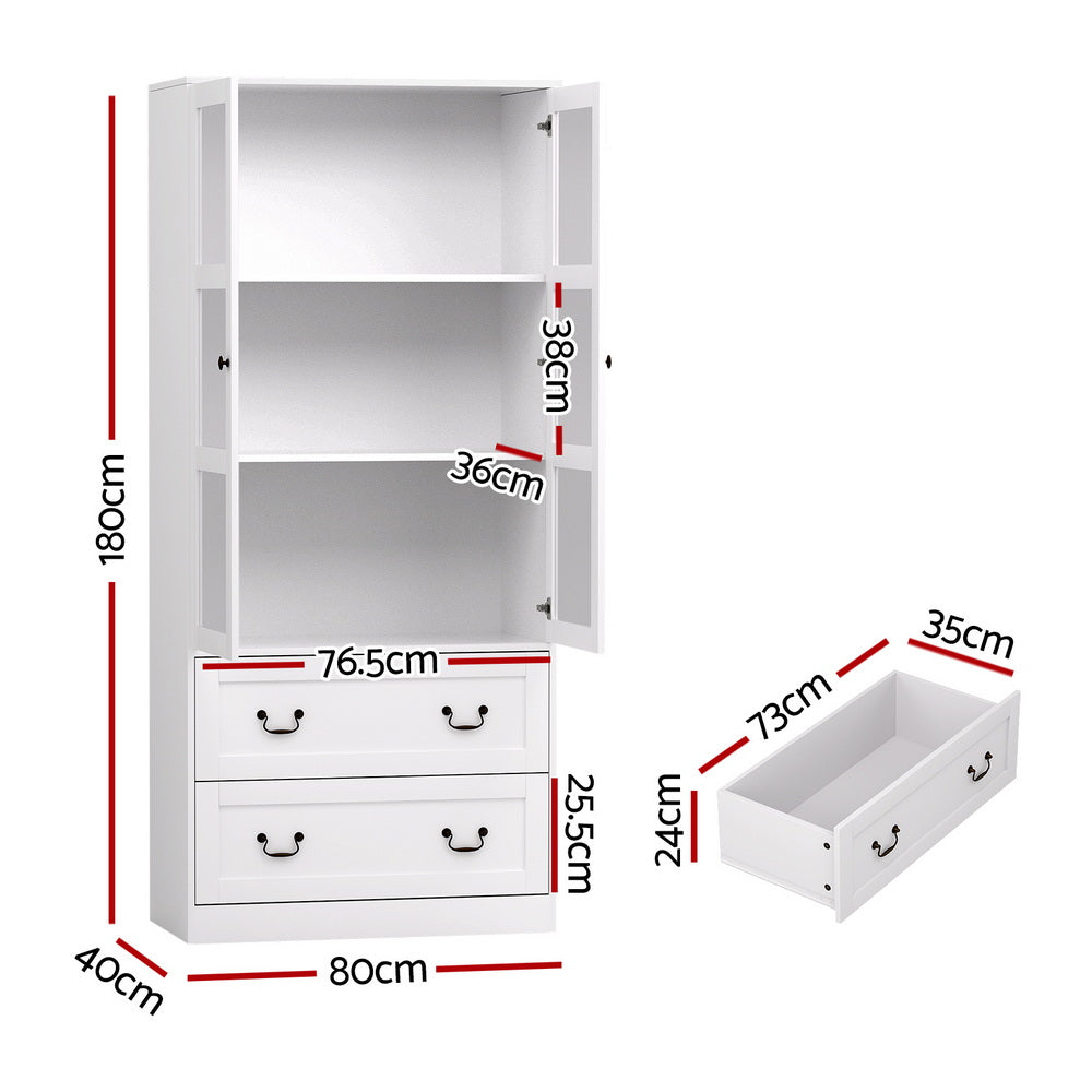 Dimensions diagram of white glass display cabinet: 180cm tall, 80cm wide, 40cm deep, interior shelves 38cm and 36cm