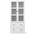 White tall display cabinet front view, frosted glass upper doors and two drawers with bail handles, on white background