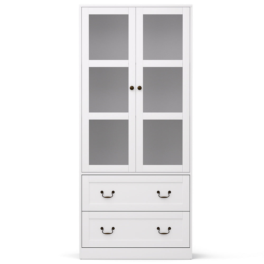 White tall display cabinet front view, frosted glass upper doors and two drawers with bail handles, on white background